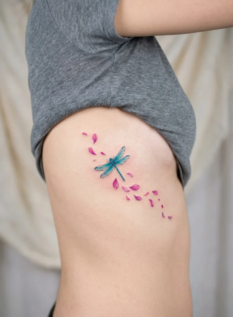 Dragonfly Rib Tattoo with Flowing Petal Accents