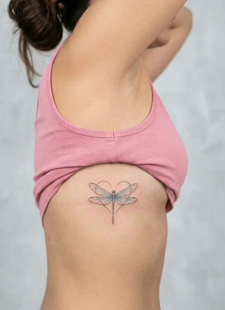 Dragonfly Rib Tattoo with Heart Shaped Wings