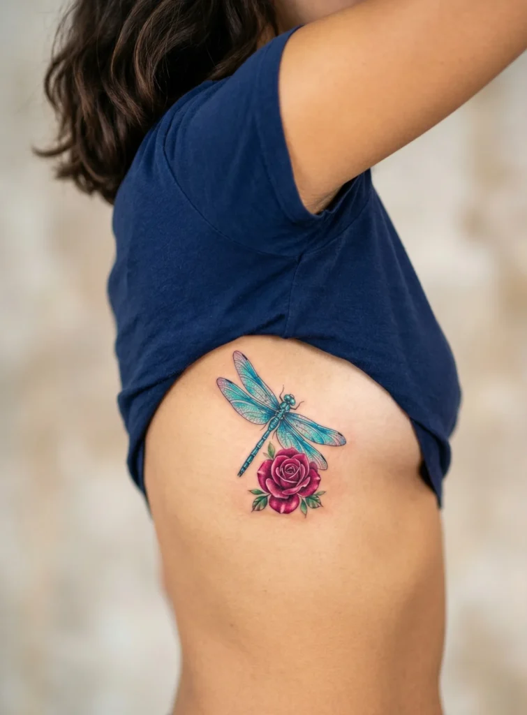 Dragonfly Rib Tattoo with Rose Accent