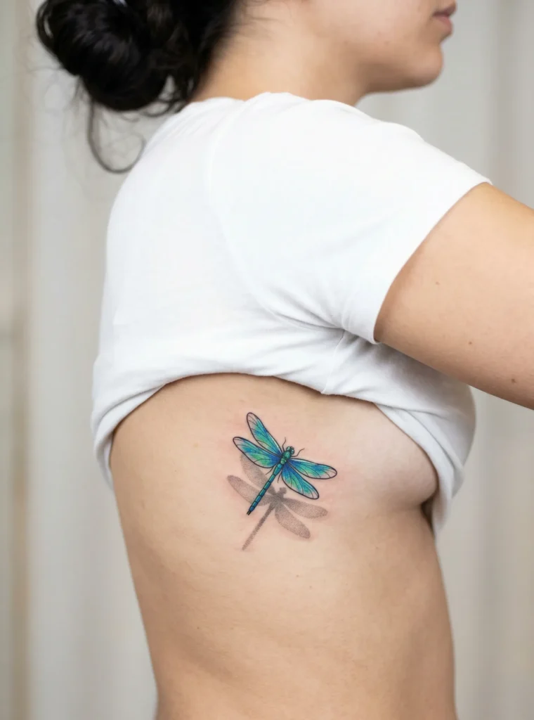 Dragonfly Rib Tattoo with Shadow Silhouette