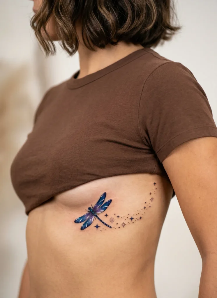 Dragonfly Rib Tattoo with Tiny Star Trail