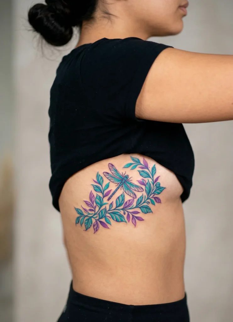 Dragonfly Rib Tattoo with Vine and Leaf Wrap