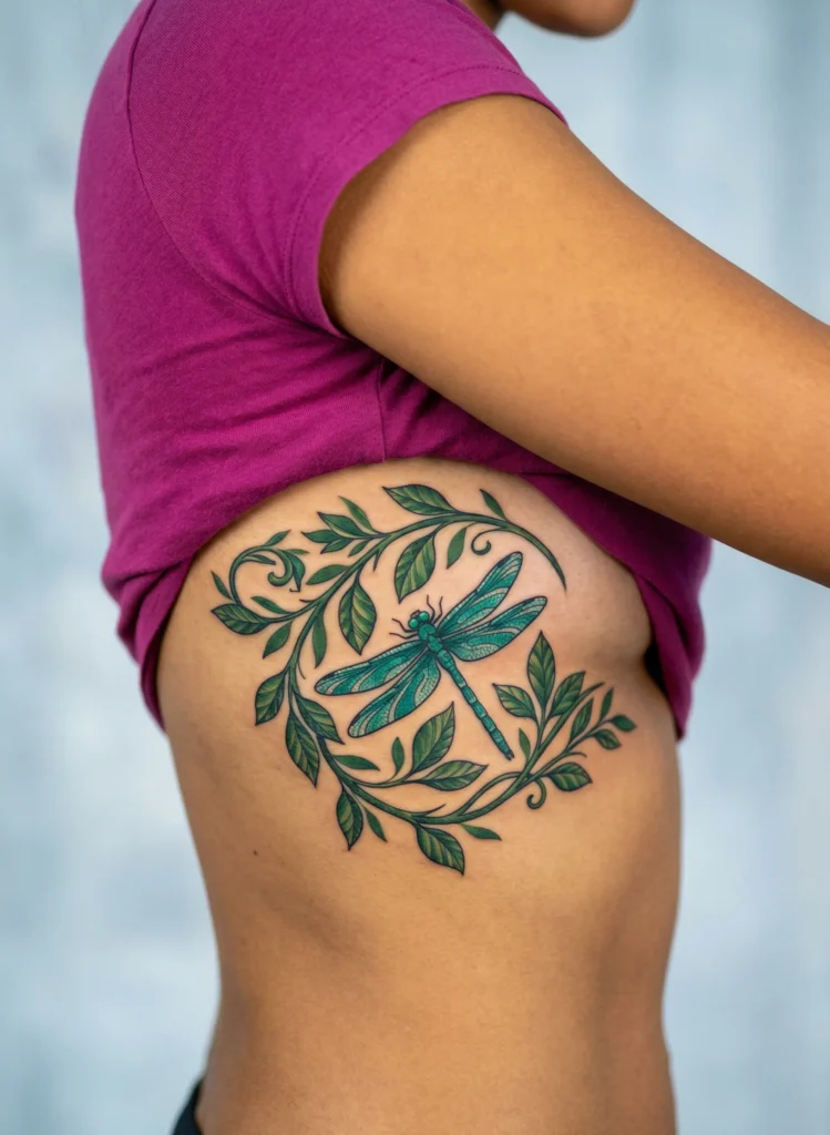 Dragonfly Rib Tattoo with Vine and Leaf Wrap