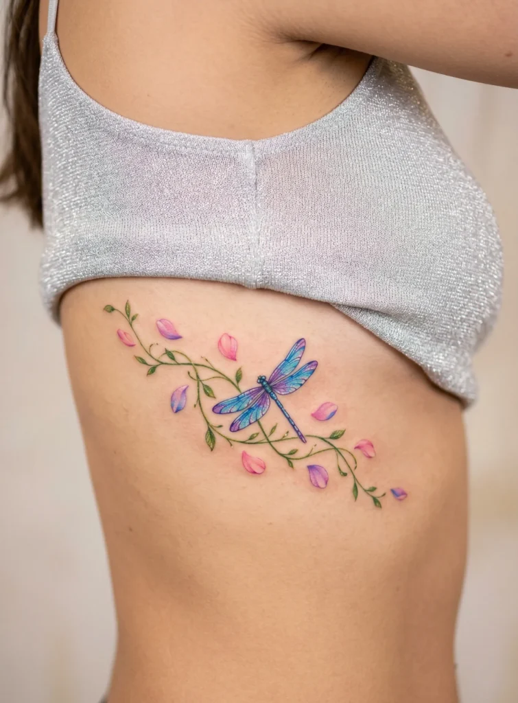 Dragonfly Rib Tattoo with Vine and Petal Trail