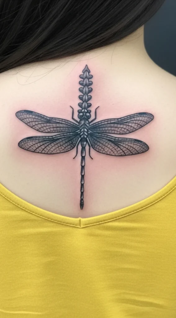 Dragonfly Spine Tattoo in Black and Grey