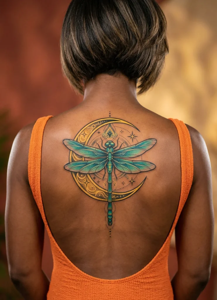 Dragonfly Spine Tattoo with Crescent Moon Elements