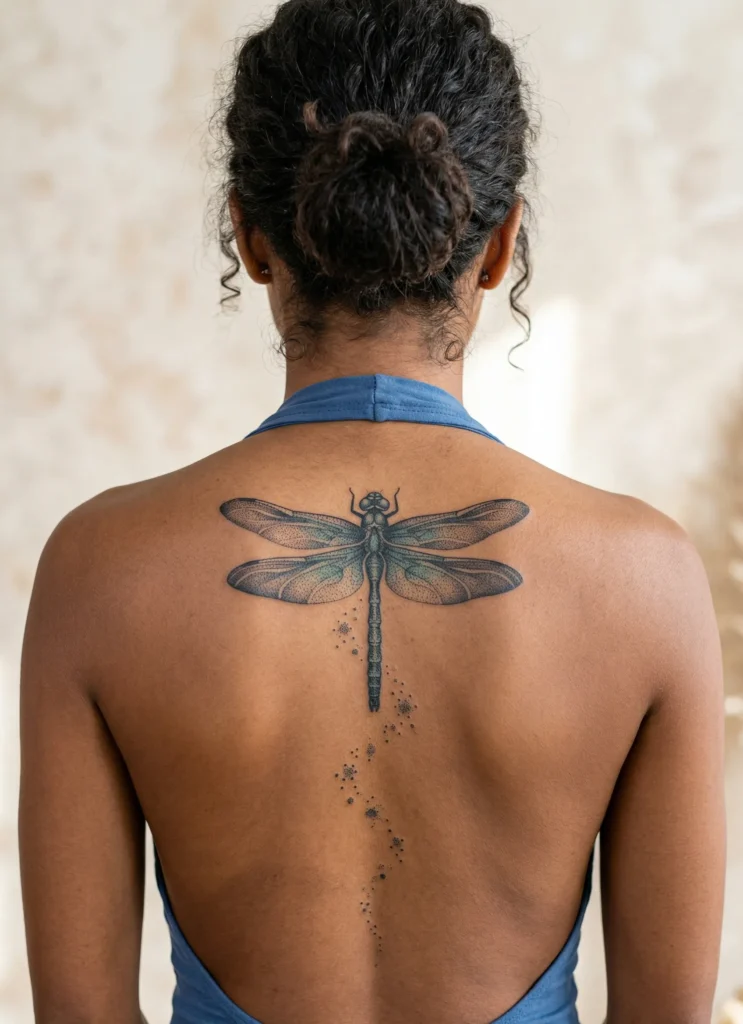 Dragonfly Spine Tattoo with Dotwork Accents