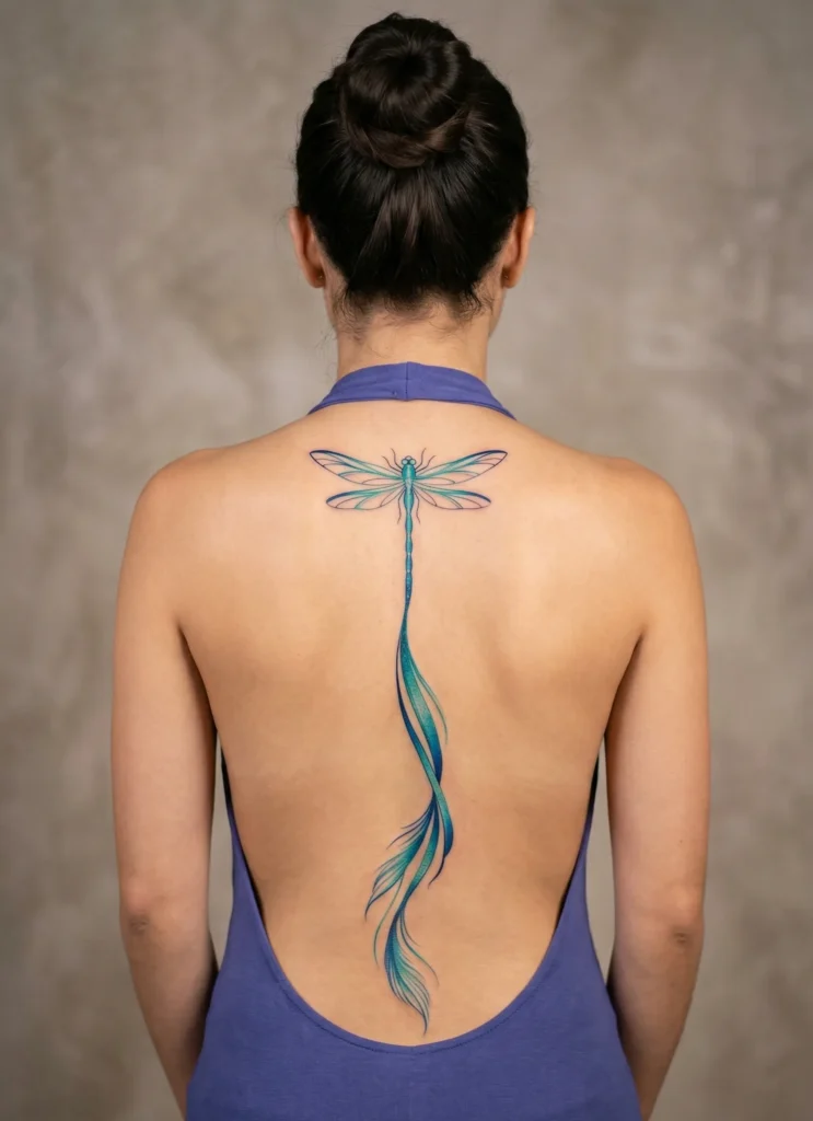 Dragonfly Spine Tattoo with Feathered Tail Flow