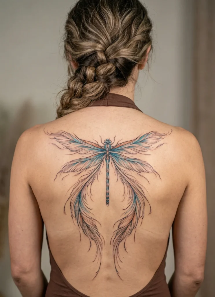 Dragonfly Spine Tattoo with Feathered Wing Flow