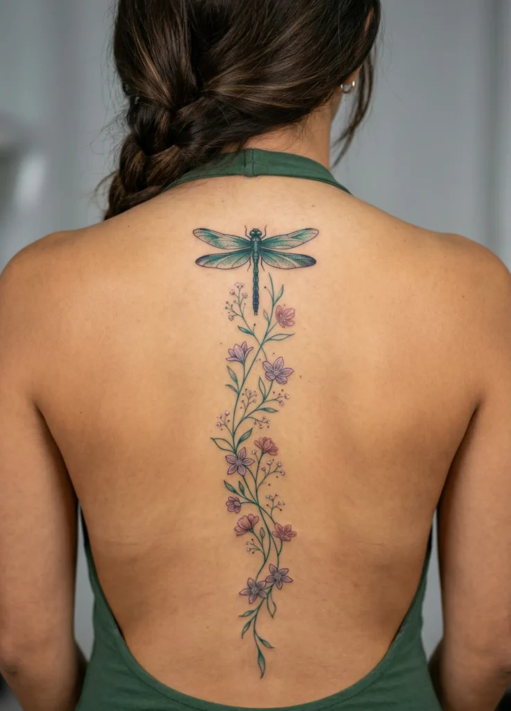 Dragonfly Spine Tattoo with Floral Vine Flow