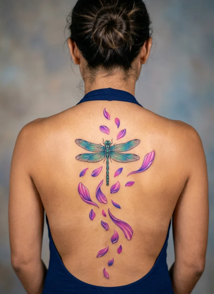 Dragonfly Spine Tattoo with Flowing Petal Accents