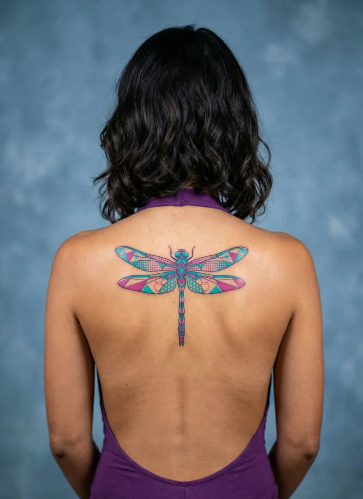 Dragonfly Spine Tattoo with Geometric Wing Patterns