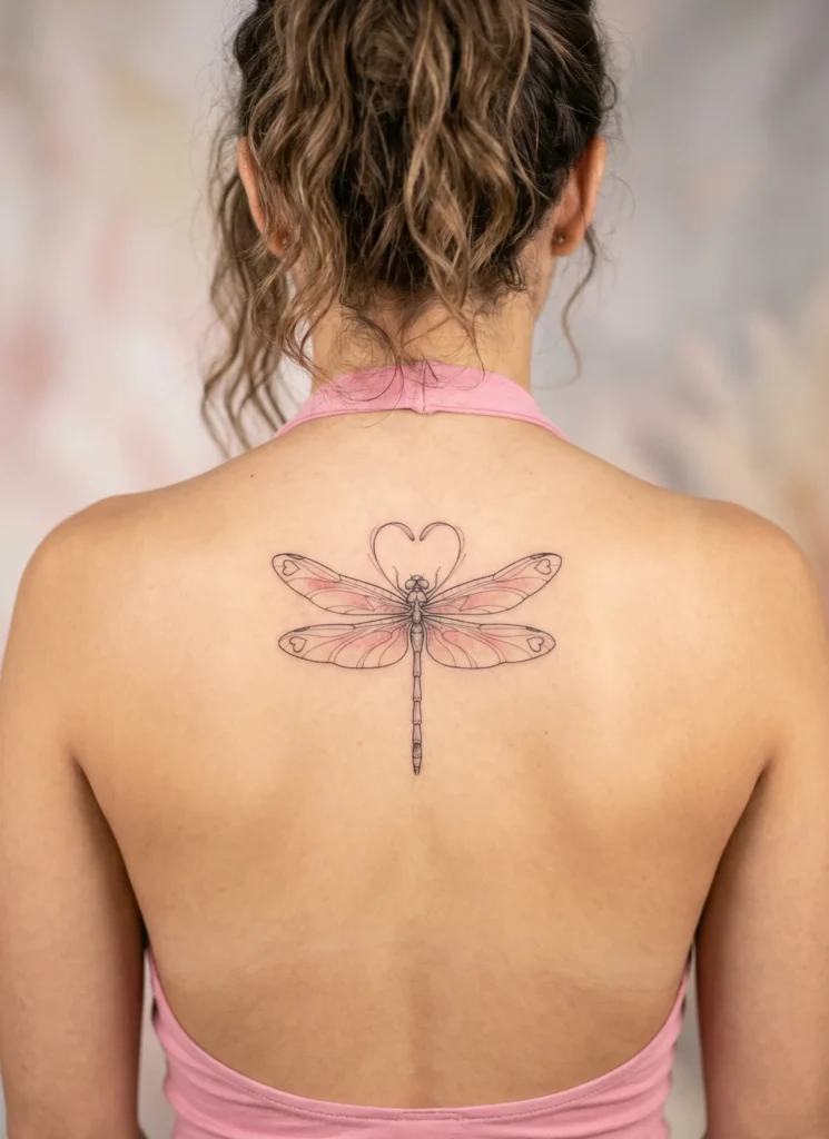 Dragonfly Spine Tattoo with Heart Shaped Wing Tips