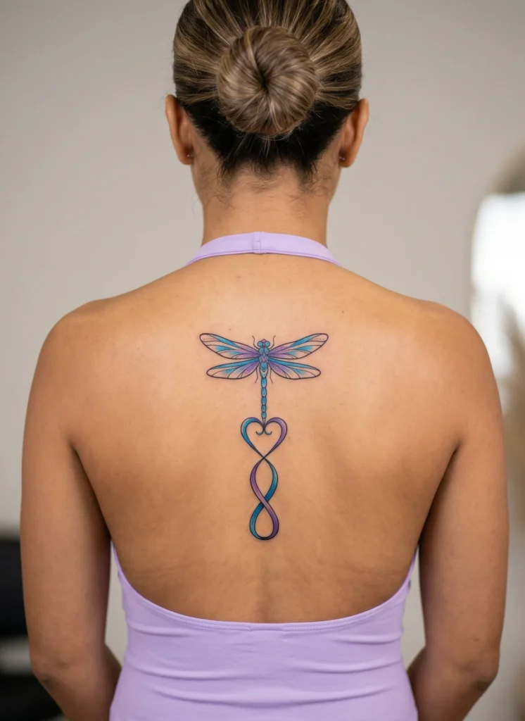 Dragonfly Spine Tattoo with Heart and Infinity