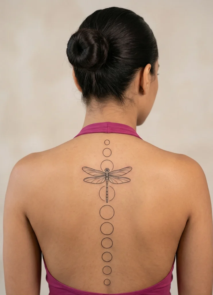 Dragonfly Spine Tattoo with Minimal Circle Frames
