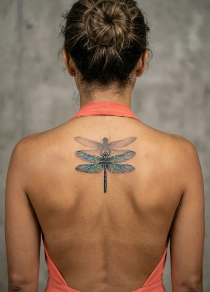 Dragonfly Spine Tattoo with Shadow Silhouette