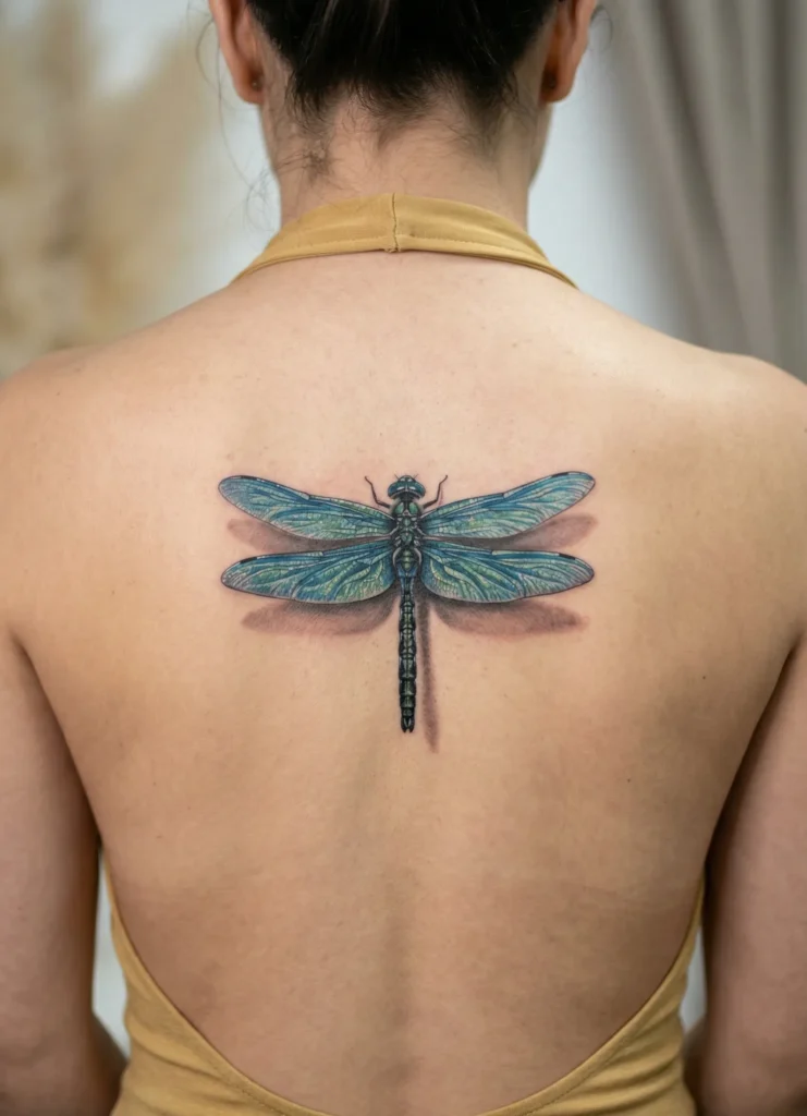 Dragonfly Spine Tattoo with Subtle Shadow Effect