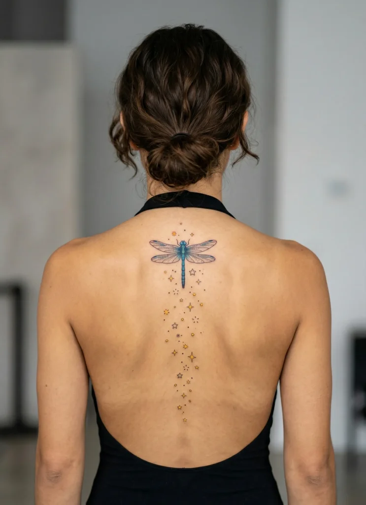Dragonfly Spine Tattoo with Tiny Stars Along Spine