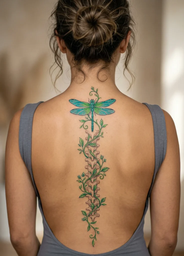 Dragonfly Spine Tattoo with Vine Wrap Design