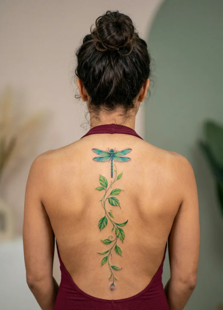 Dragonfly Spine Tattoo with Vine and Leaf Trail