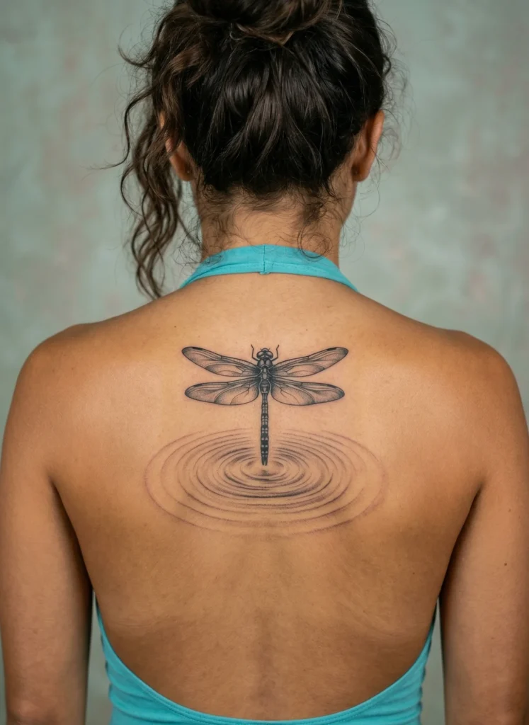 Dragonfly Spine Tattoo with Water Ripple Effect