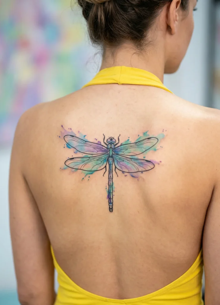 Dragonfly Spine Tattoo with Watercolor Splash Effect