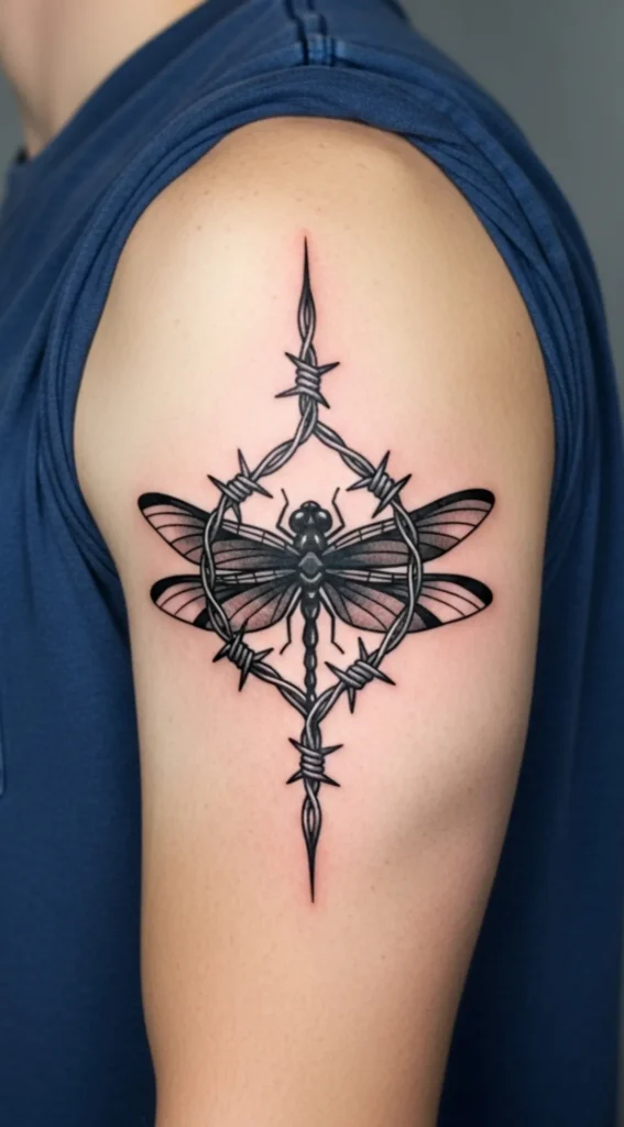 Dragonfly Tattoo with Barbed Wire Accent