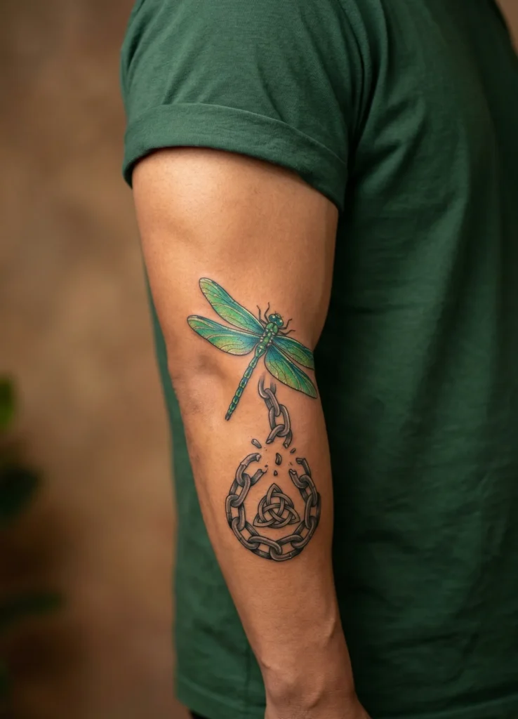 Dragonfly Tattoo with Chain and Strength Symbol