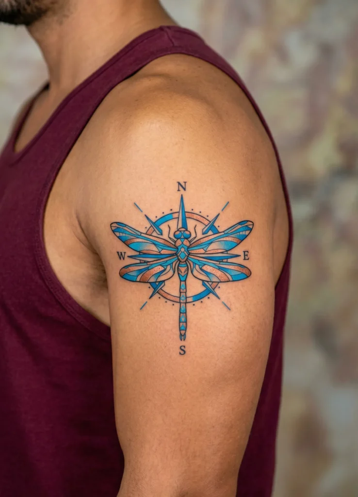 Dragonfly Tattoo with Compass and Direction Theme