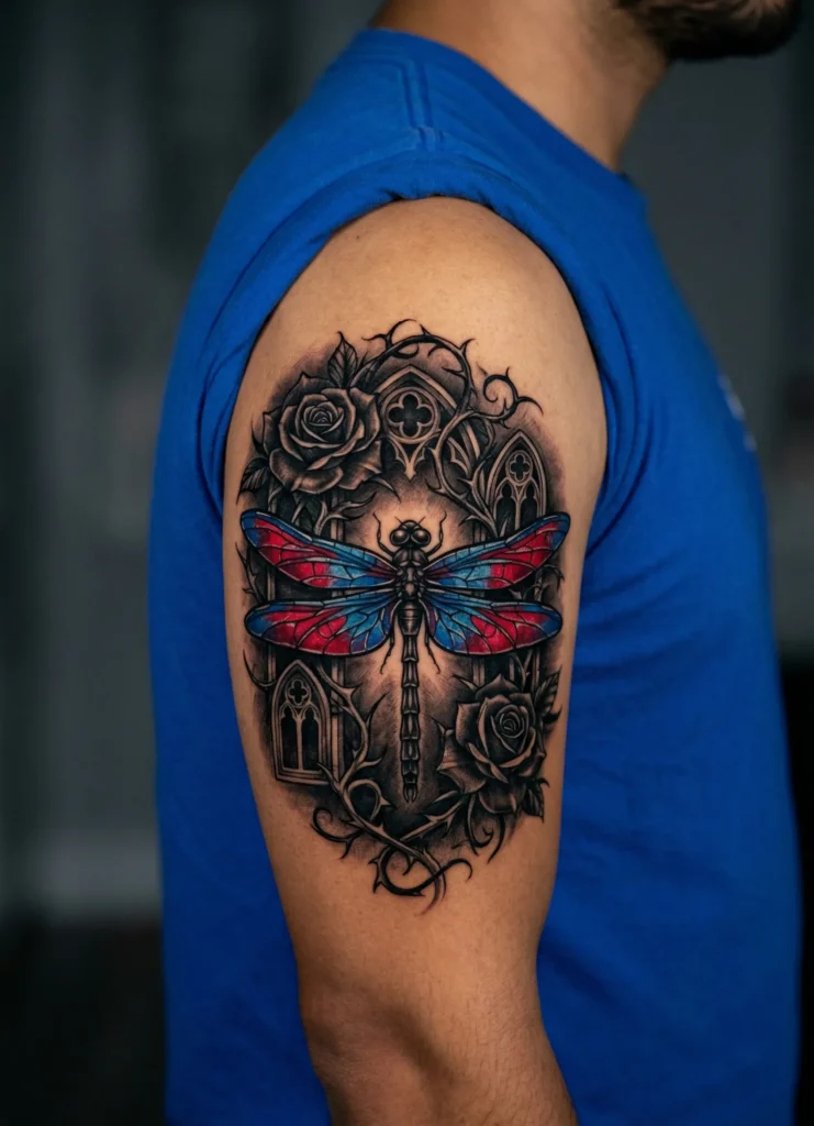 Dragonfly Tattoo with Dark Gothic Style Elements