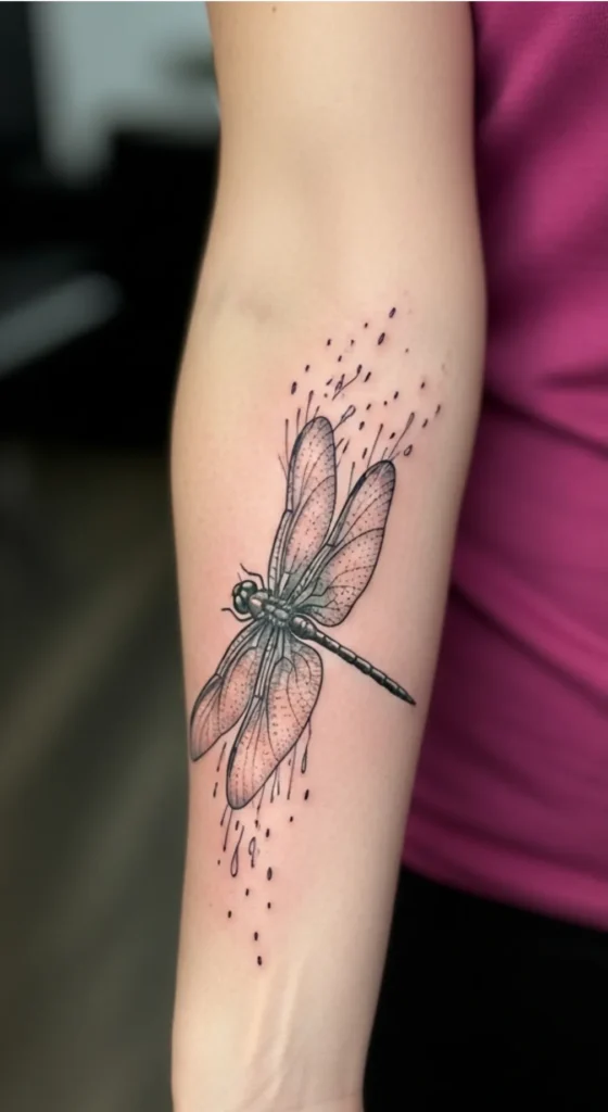 Dragonfly Tattoo with Feathered Wing Tip