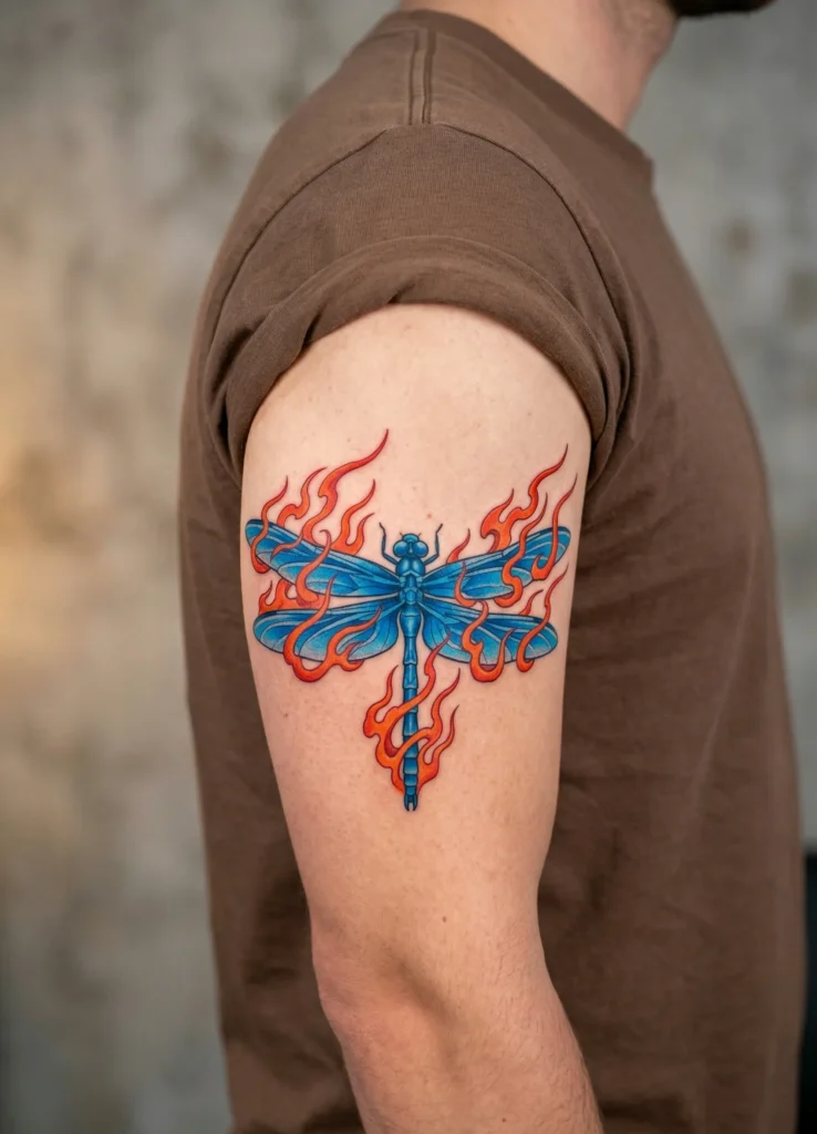 Dragonfly Tattoo with Flame Accent Design