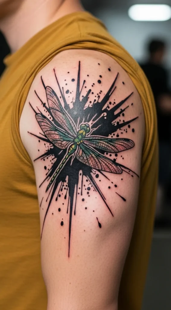 Dragonfly Tattoo with Ink Splash Bold Effect