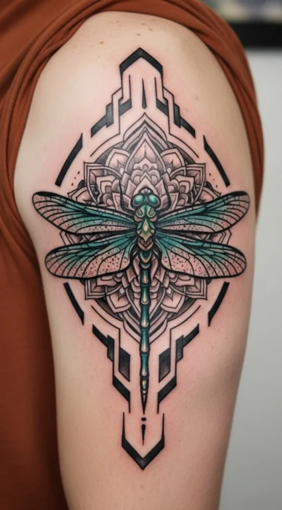 Dragonfly Tattoo with Mandala Core and Bold Outline