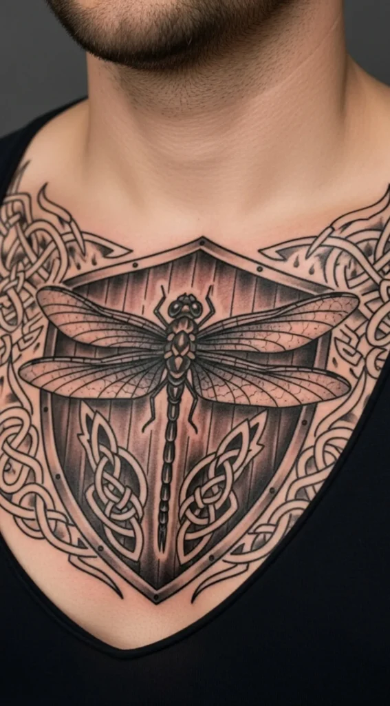 Dragonfly Tattoo with Shield and Warrior Theme