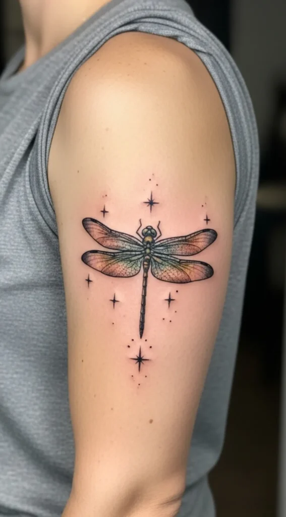Dragonfly Tattoo with Tiny Star Accents