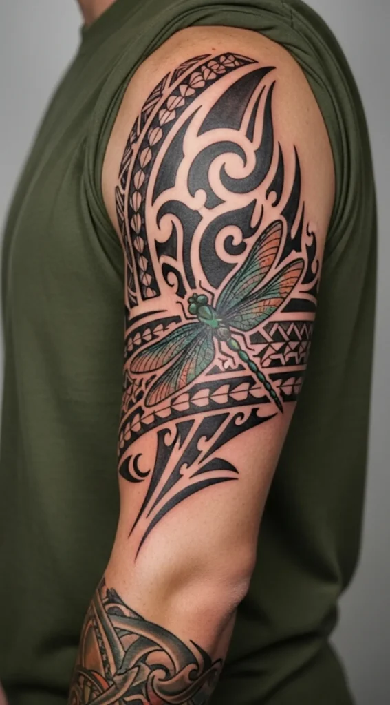 Dragonfly Tattoo with Tribal Band Integration