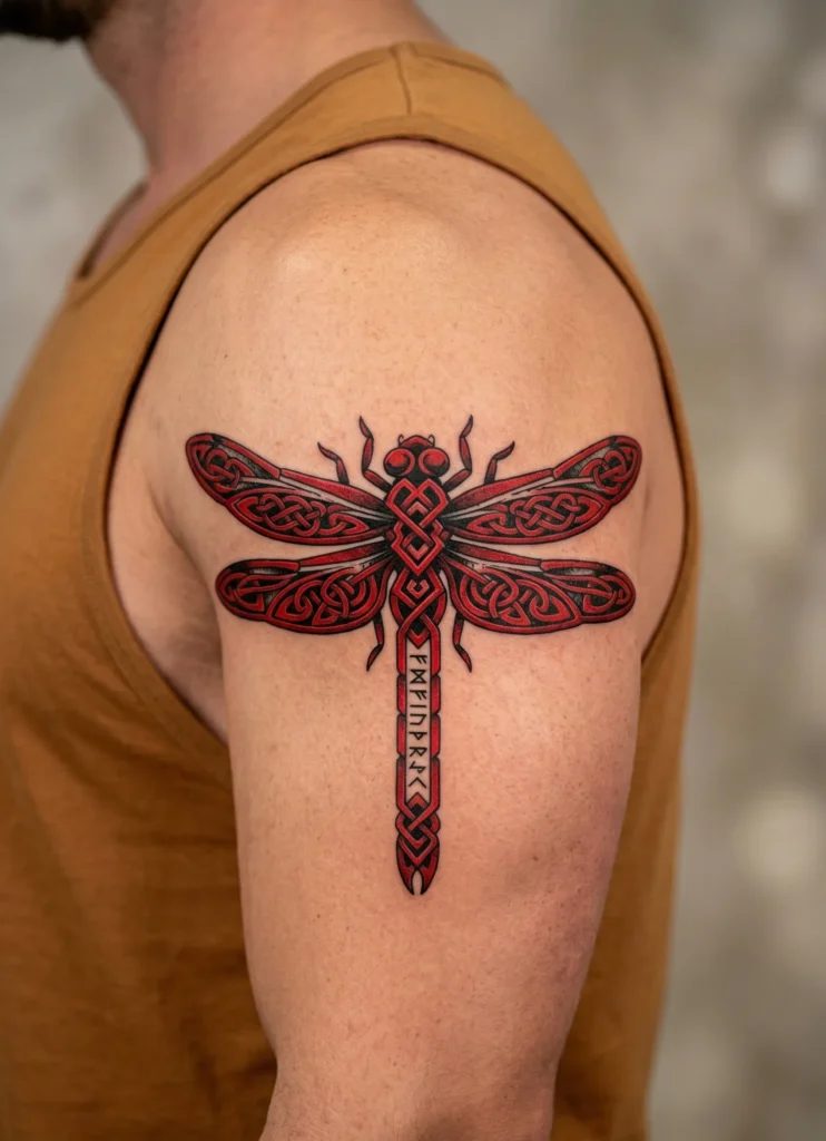 Dragonfly Tattoo with Viking Style Patterns