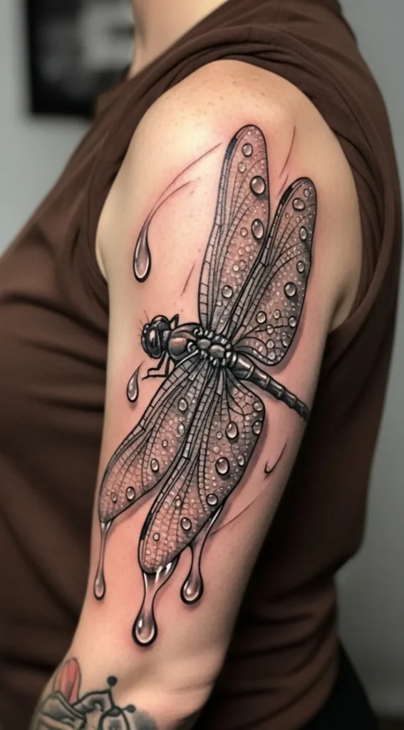 Dragonfly Tattoo with Water Droplet Detail