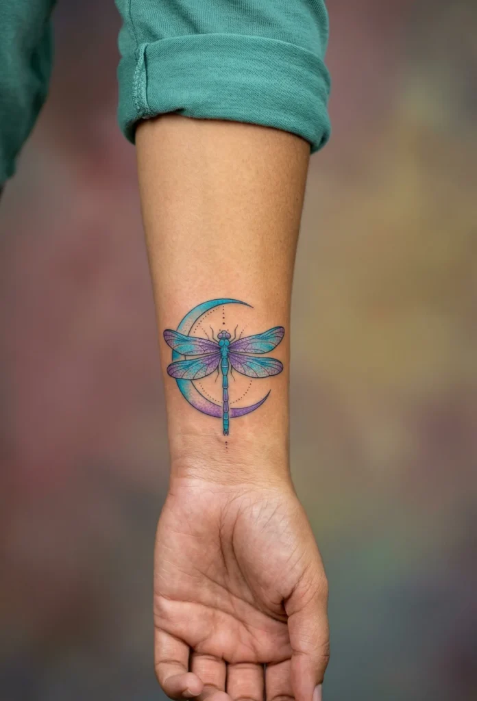 Dragonfly Wrist Tattoo with Crescent Moon
