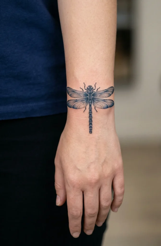 Dragonfly Wrist Tattoo with Dotwork Detail