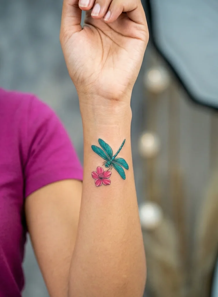 Dragonfly Wrist Tattoo with Floral Accent