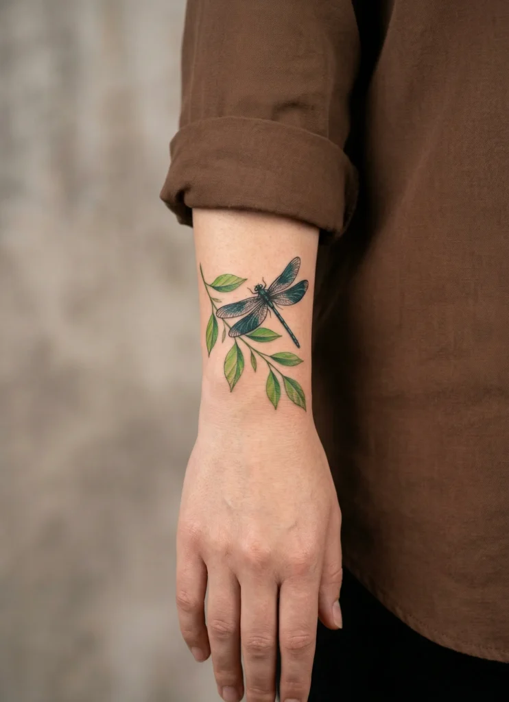 Dragonfly Wrist Tattoo with Leafy Branch Accent