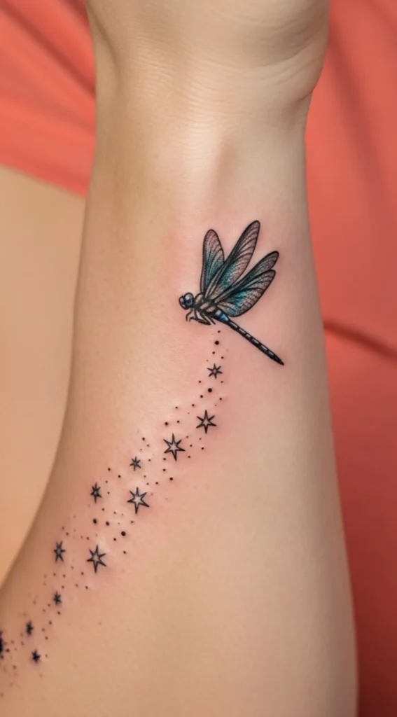 Dragonfly Wrist Tattoo with Star Trail Detail