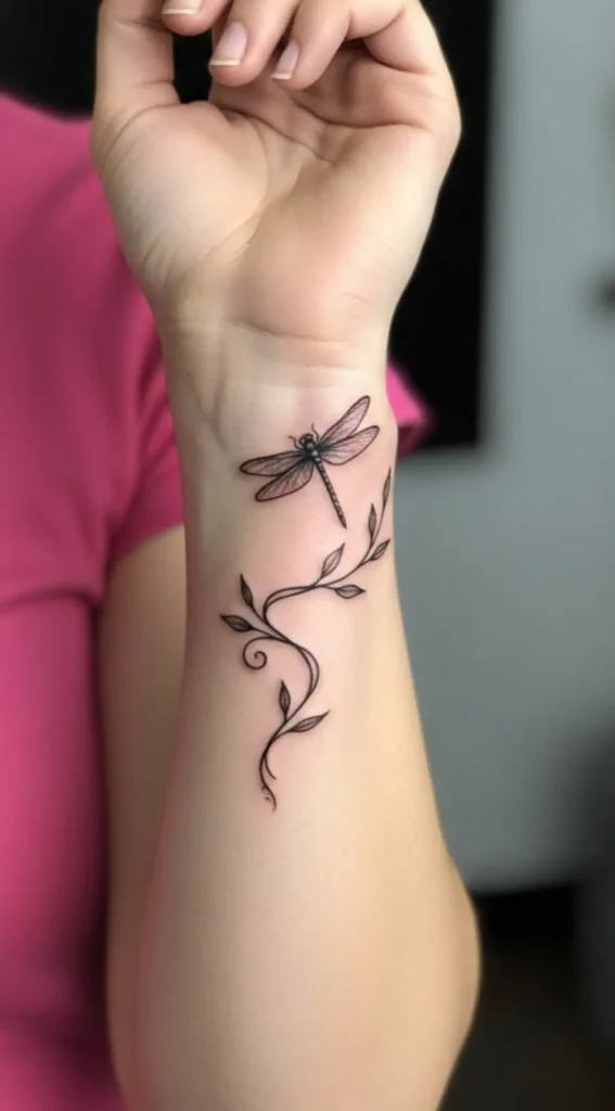 Dragonfly Wrist Tattoo with Vine Wrap Style