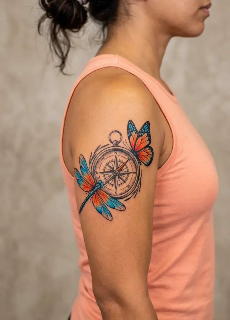 Dragonfly and Butterfly with Compass Meaning Design