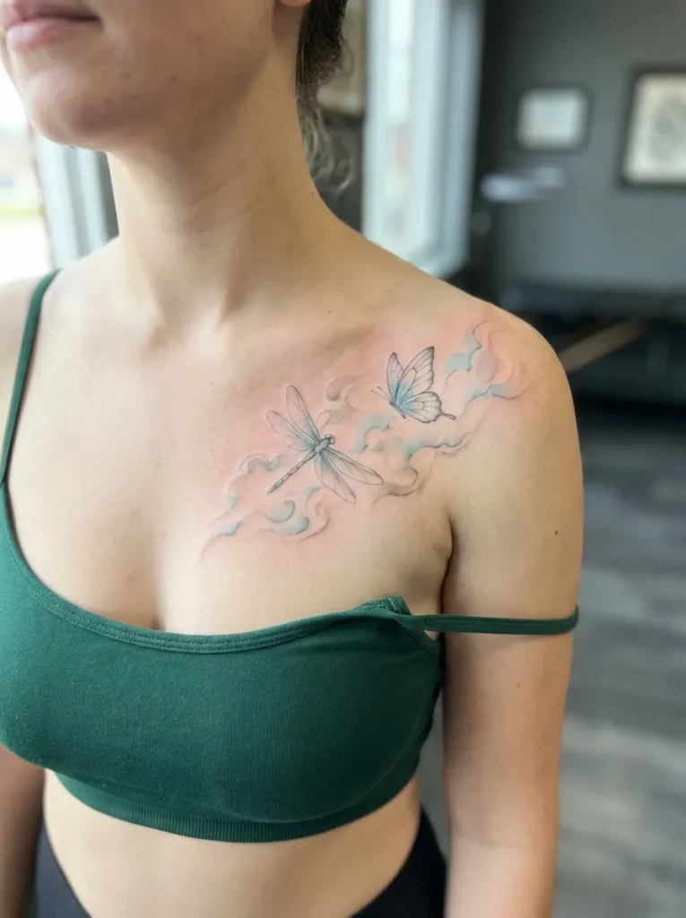 Dragonfly and Butterfly with Dreamy Cloud Effect