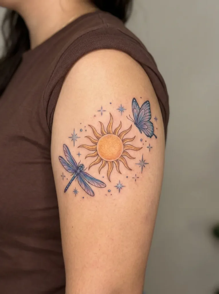 Dragonfly and Butterfly with Sun and Stars
