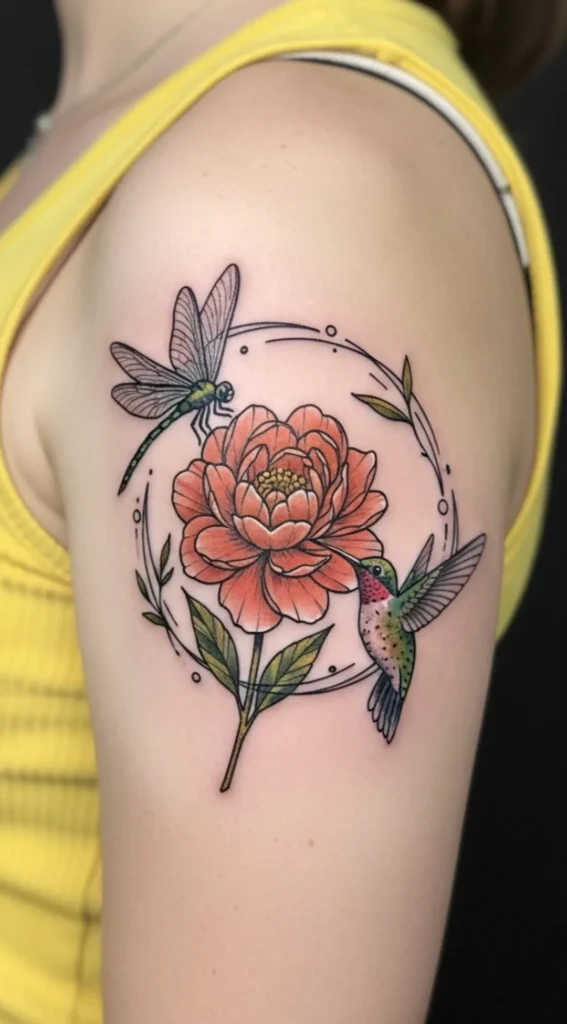 Dragonfly and Hummingbird Circling a Flower