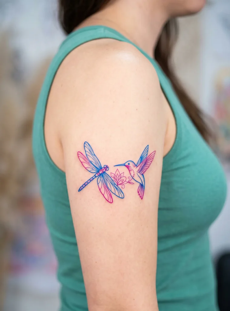 Dragonfly and Hummingbird Facing Each Other